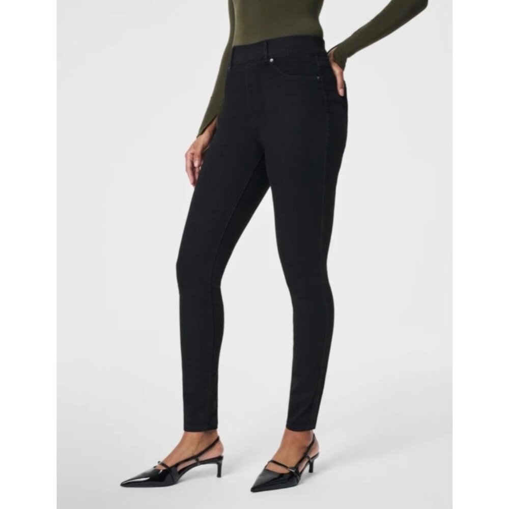 SPANX EveryWear Ankle Skinny Jeans Womens Size Large Clean Black Color Stretch - Picture 2 of 12